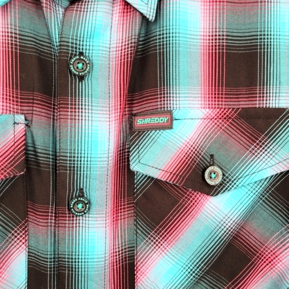 DIXXON Shreddy Bamboo Short Sleeve Plaid Button Up Blue, Pink - Picture 4 of 15